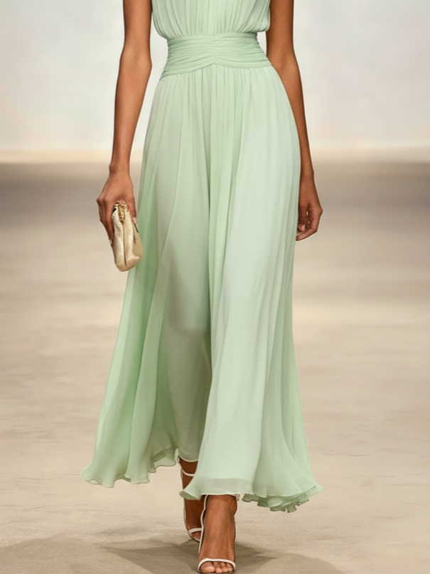 Ärmelloses Chiffon-Maxikleid für Damen mit geraffter Taille und fließendem Saum