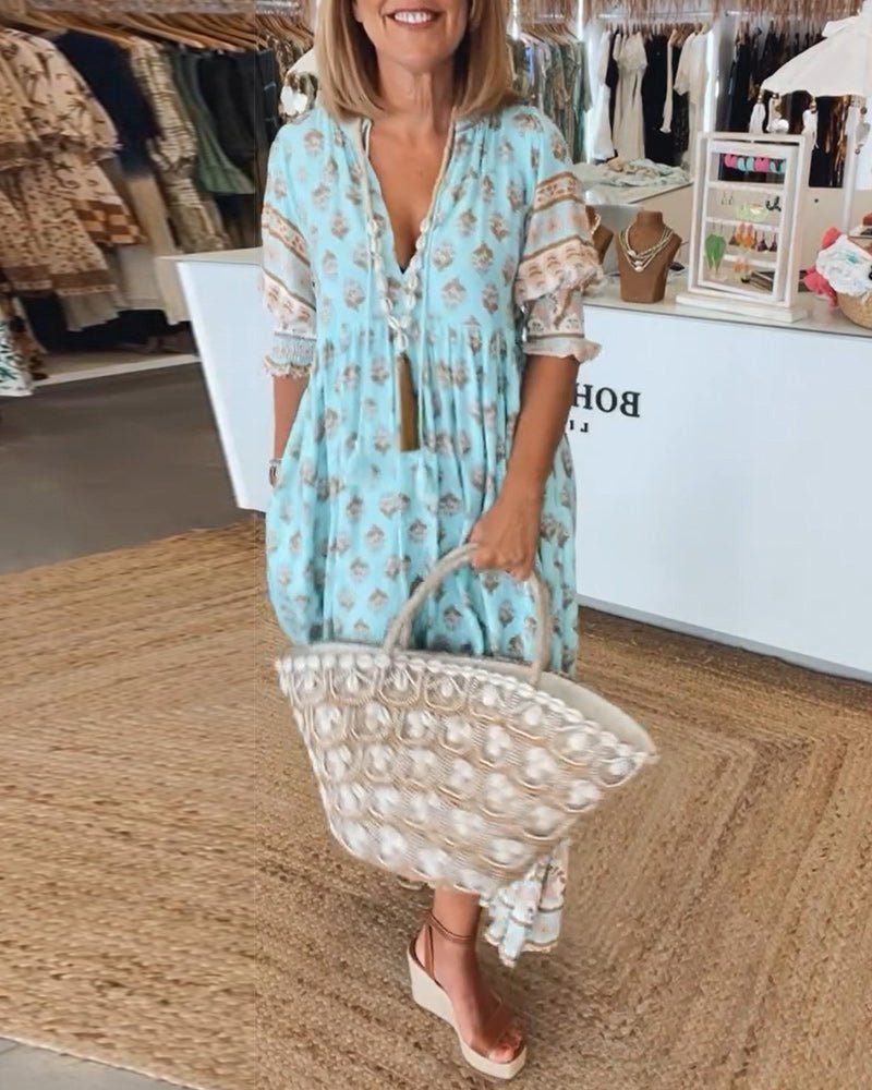 Women's Bohemian Print Maxi Dress with Tassel Tie Neckline