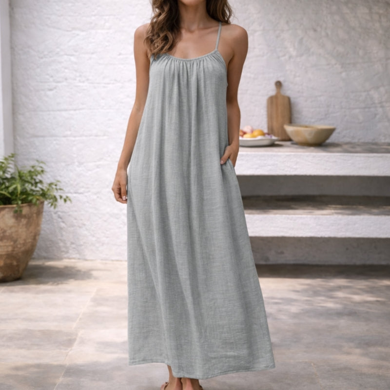 Damen Maxikleid mit Spaghettiträgern, ärmellos und Seitentaschen