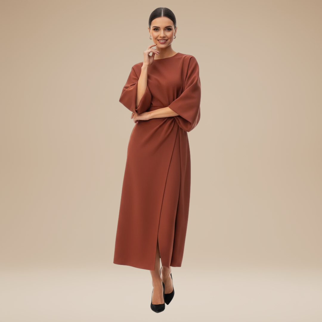 Elegantes Damen-Midikleid mit Bootsausschnitt, weiten Ärmeln, tailliertem Bund und ausgestelltem A-Linien-Rock