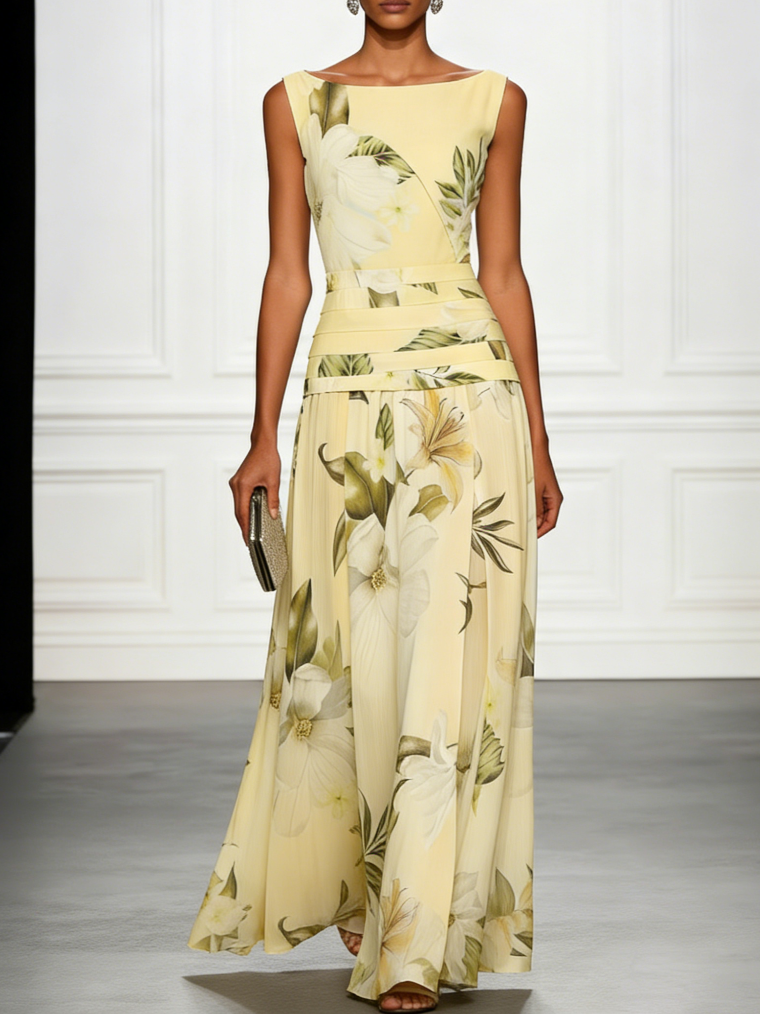 Maxikleid für Damen mit Blumenmuster, ärmellos, Bootsausschnitt und plissiertem Taillenbereich