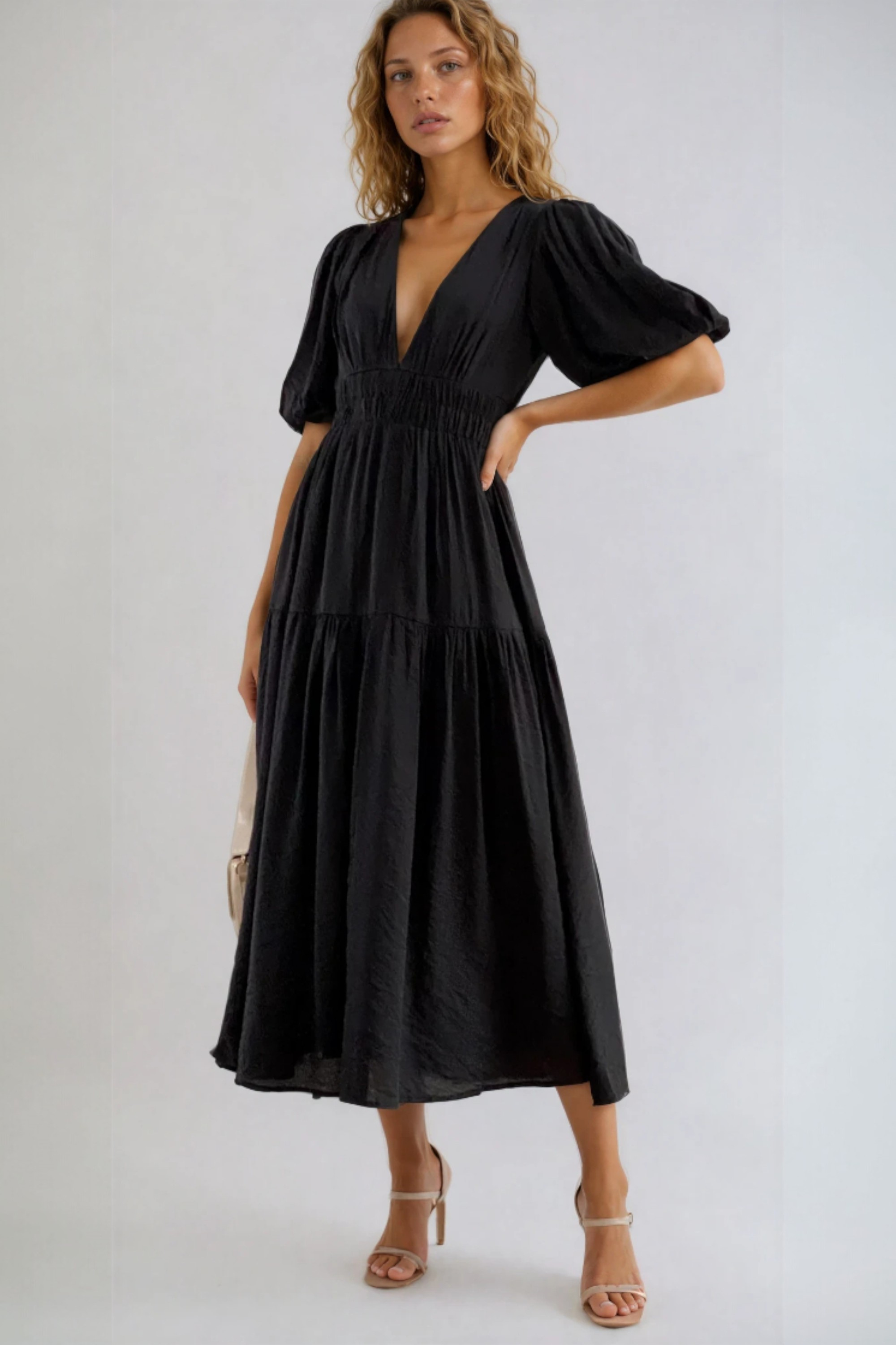 Women's Puff Sleeve Midi Dress for Elegant Everyday and Summer Styling
