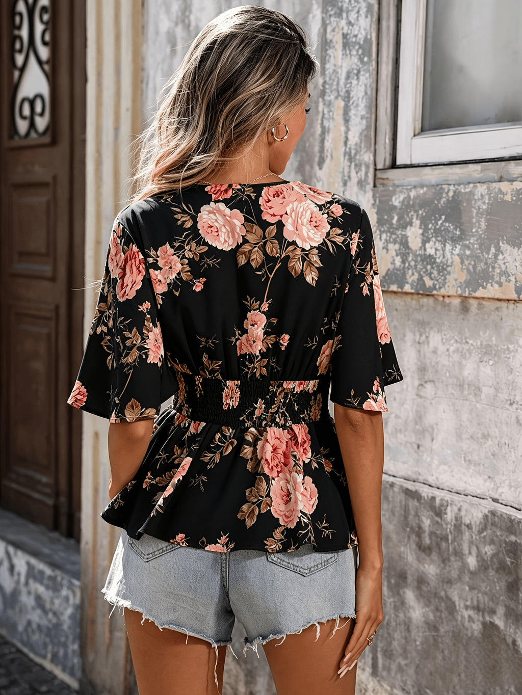 Women's Floral V-Neck Blouse with Shirred Waist and Flared Hem