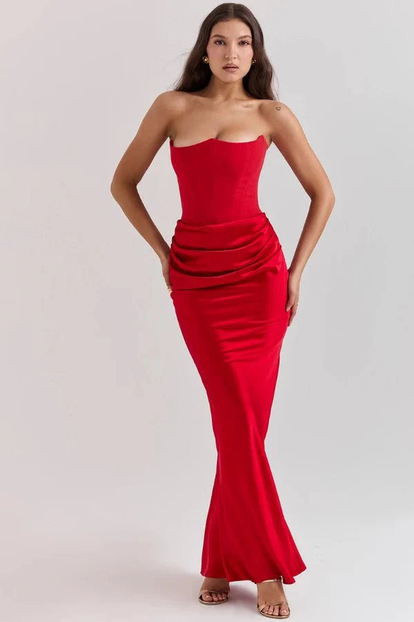Damen trägerloses Maxikleid mit Korsettoberteil und geraffter Taillensilhouette
