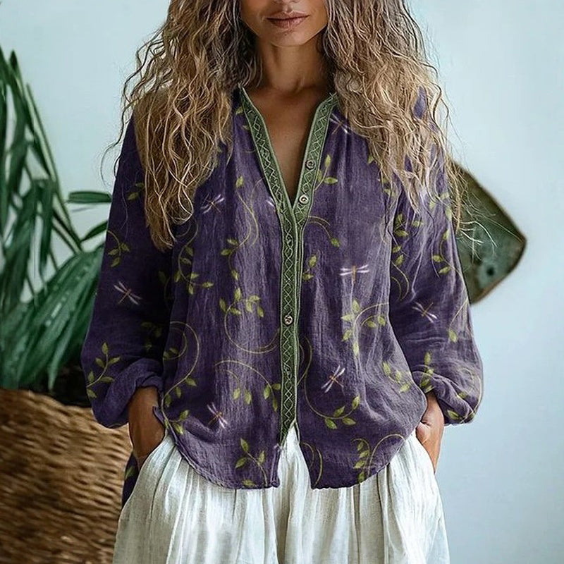 Women's Botanical Print Blouse with Decorative Contrast Trim