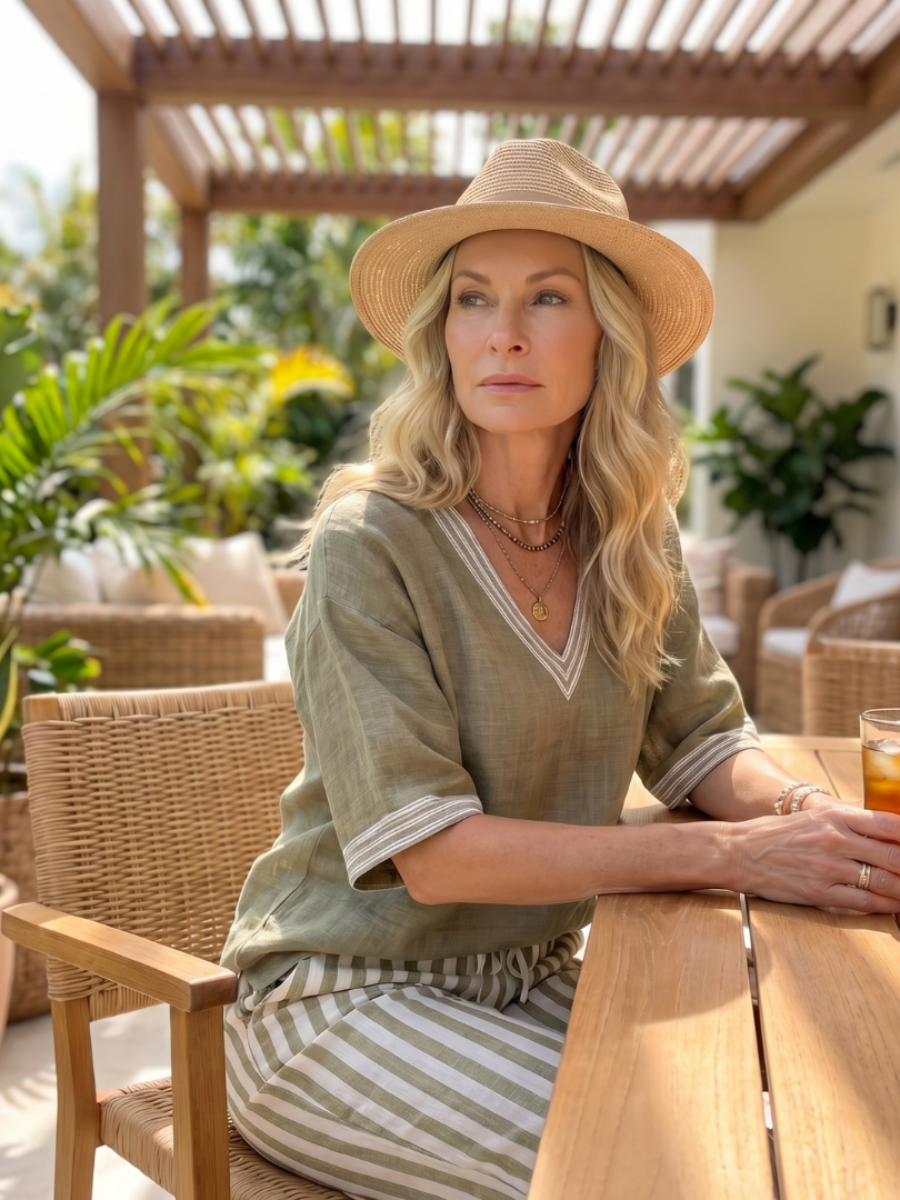 Completo da donna a due pezzi a righe con pantaloni a gamba larga