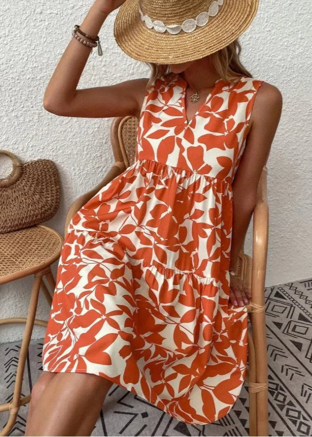 Women's Tropical Leaf Print Dress with Tiered Relaxed Summer Fit