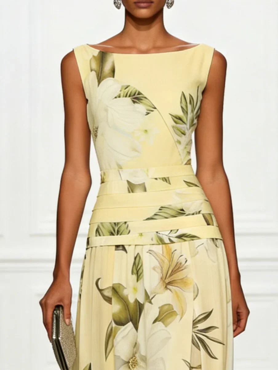 Maxikleid für Damen mit Blumenmuster, ärmellos, Bootsausschnitt und plissiertem Taillenbereich
