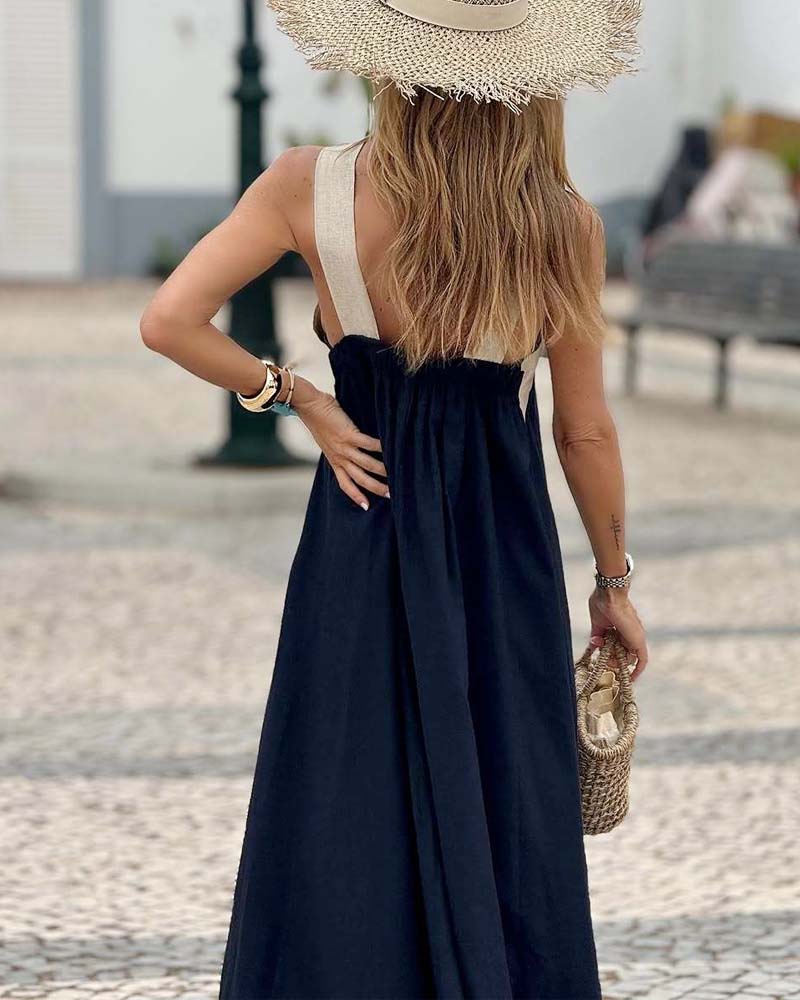 Women's Colorblock Halter Maxi Dress with Cross-Neck Detail