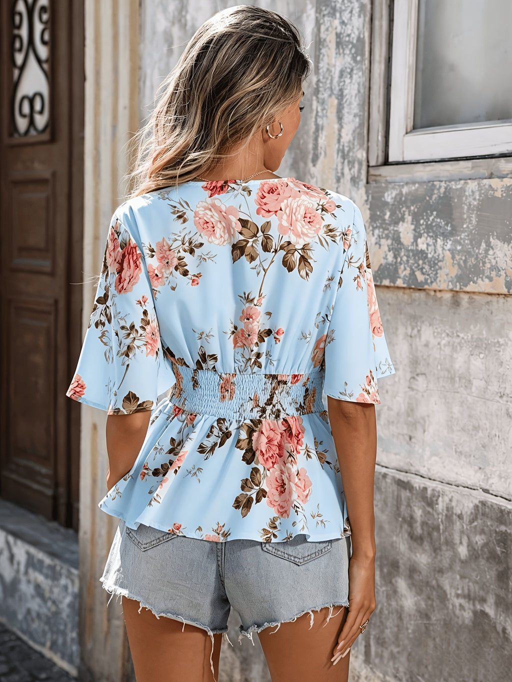 Women's Floral V-Neck Blouse with Shirred Waist and Flared Hem