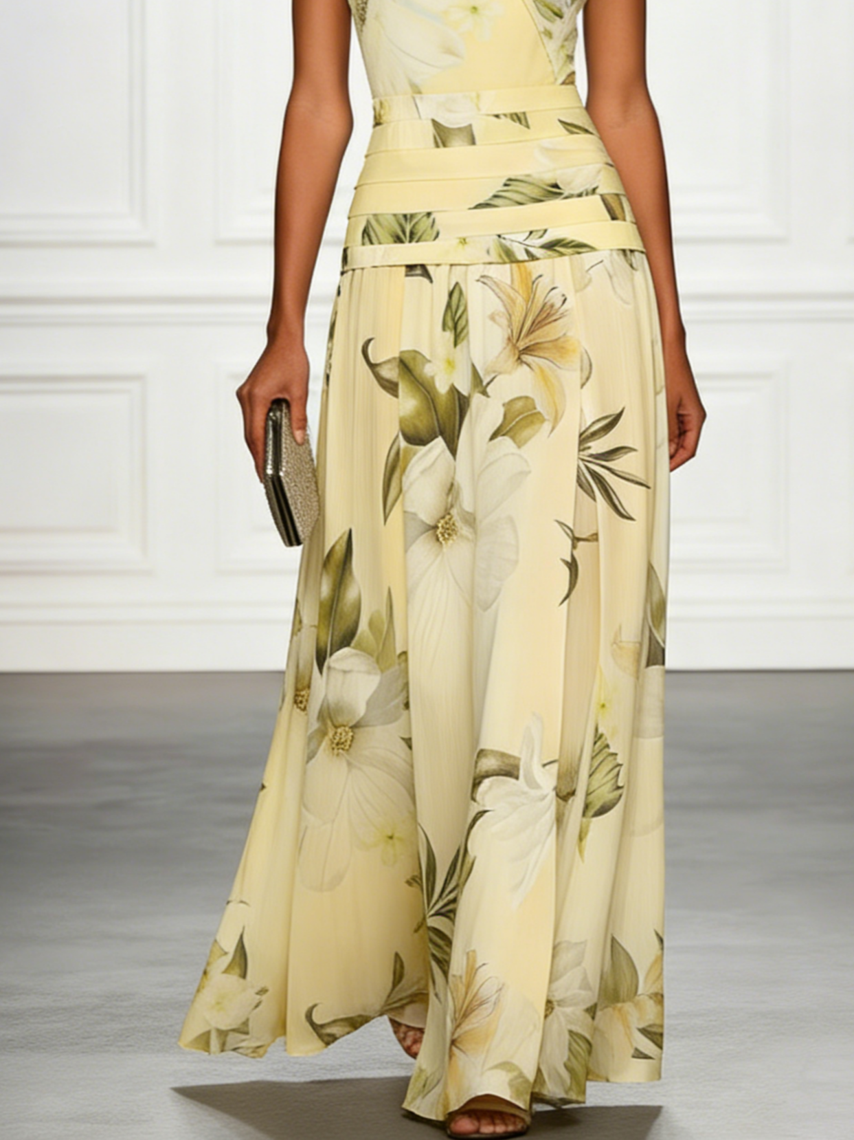 Maxikleid für Damen mit Blumenmuster, ärmellos, Bootsausschnitt und plissiertem Taillenbereich