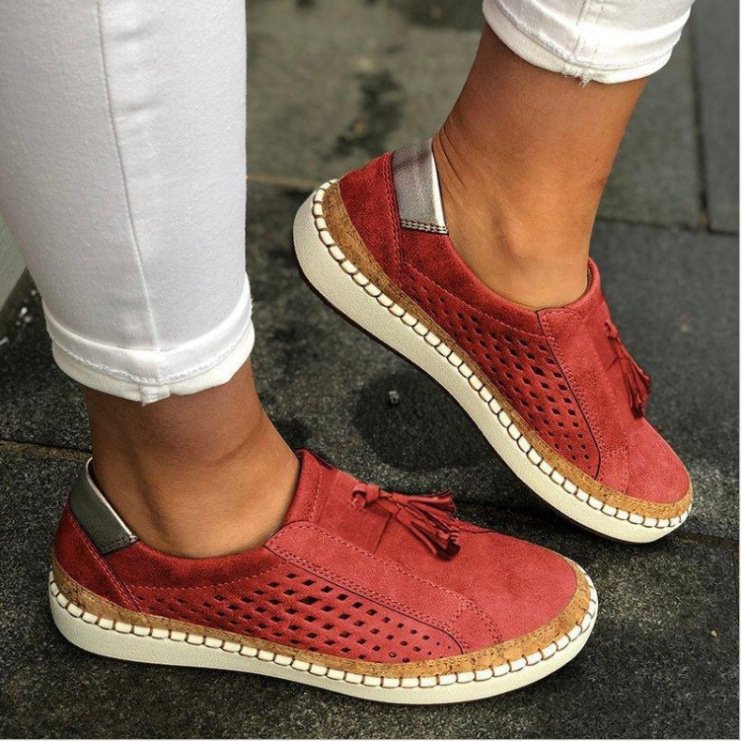 Women's Perforated Tassel Slip-On Loafers with Espadrille Platform Sole