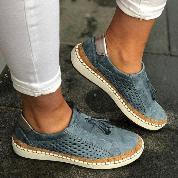 Women's Perforated Tassel Slip-On Loafers with Espadrille Platform Sole