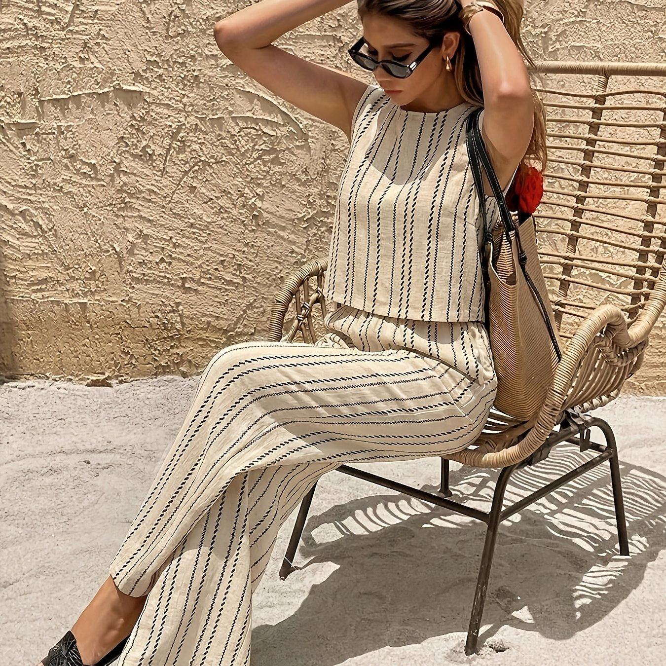 Women's Striped Sleeveless Crop Top and Wide Leg Pants Set