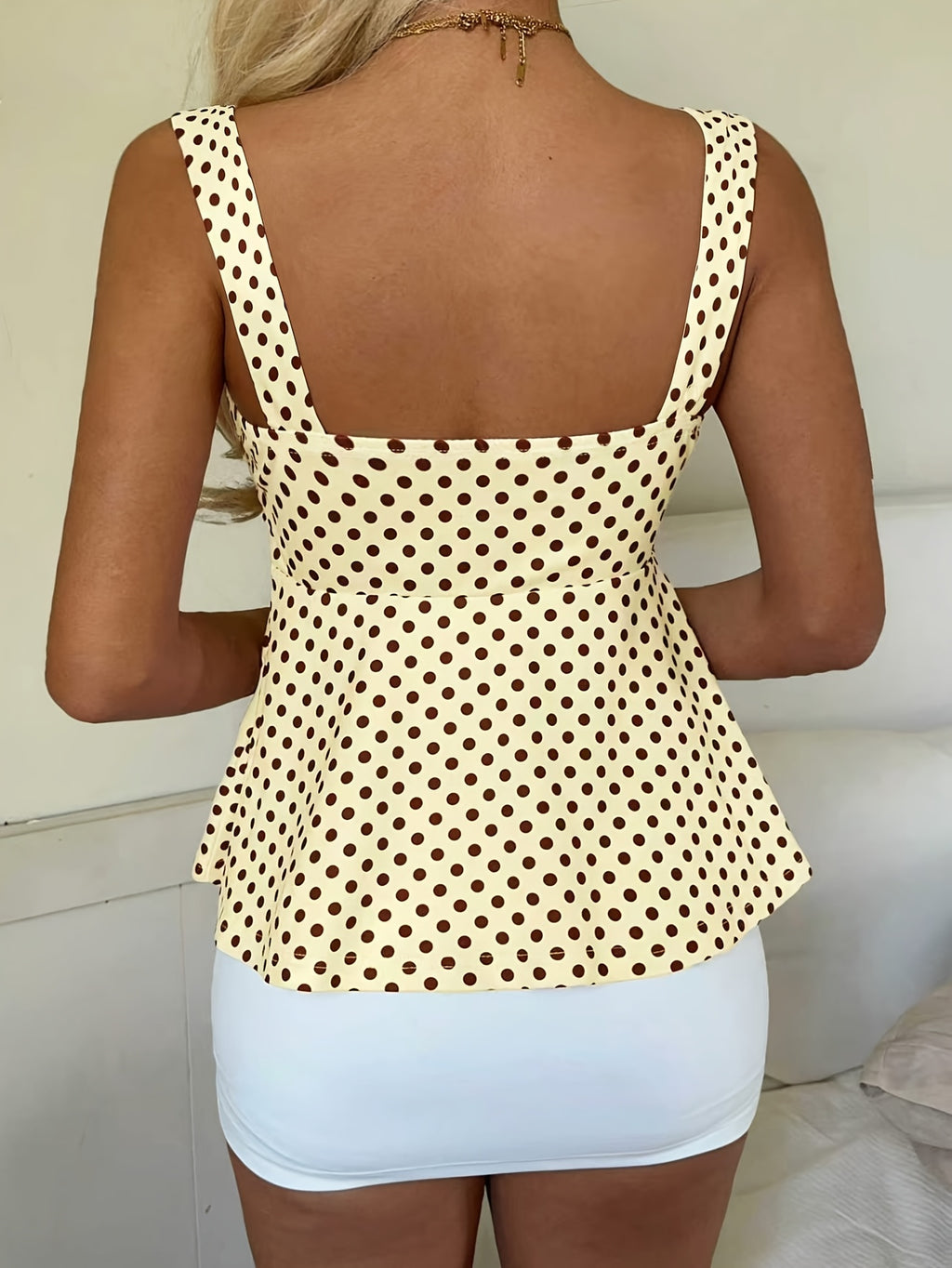 Women's Polka Dot Camisole Top with Drawstring Front and Pleated Detail