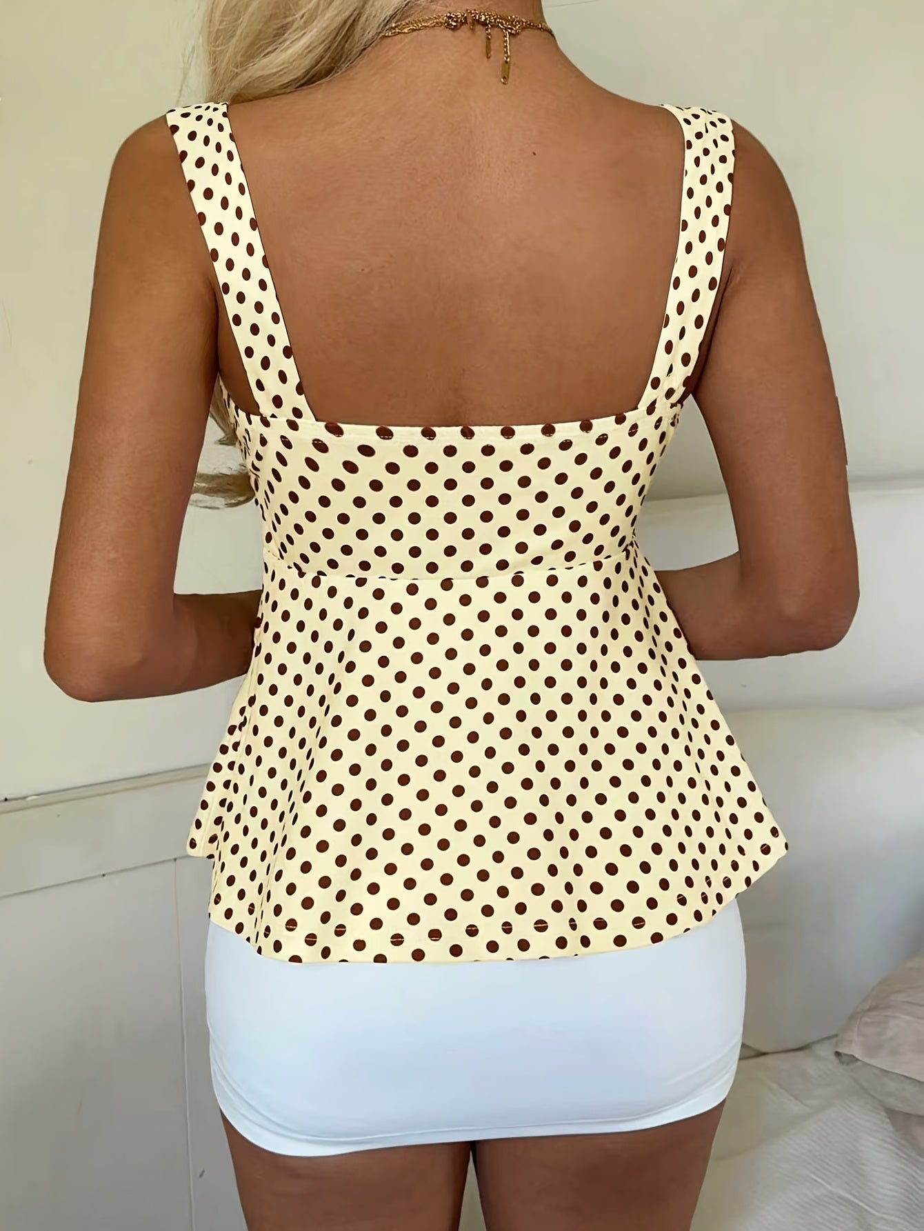 Women's Polka Dot Camisole Top with Drawstring Front and Pleated Detail