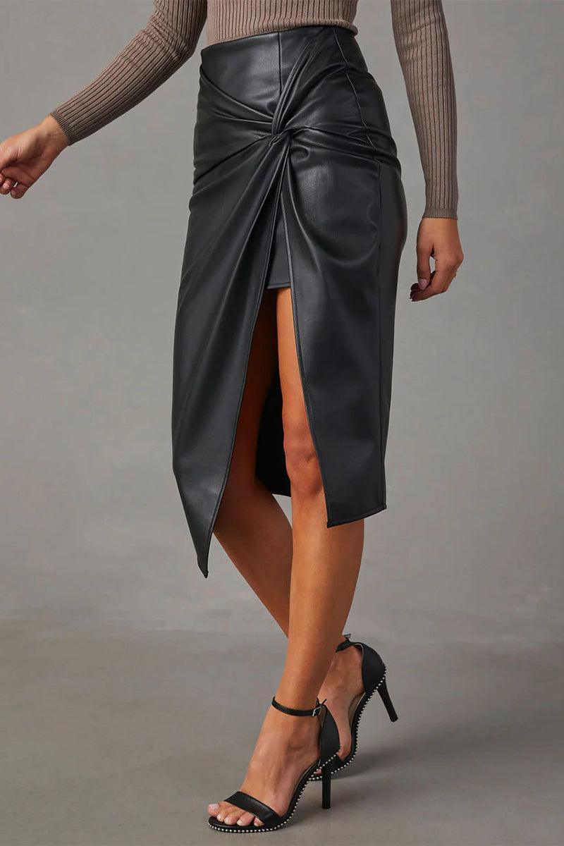 Damen Kunstleder-Wickelrock mit Seitenschlitz für modernen eleganten Stil