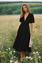 Women's Puff Sleeve Midi Dress for Elegant Everyday and Summer Styling