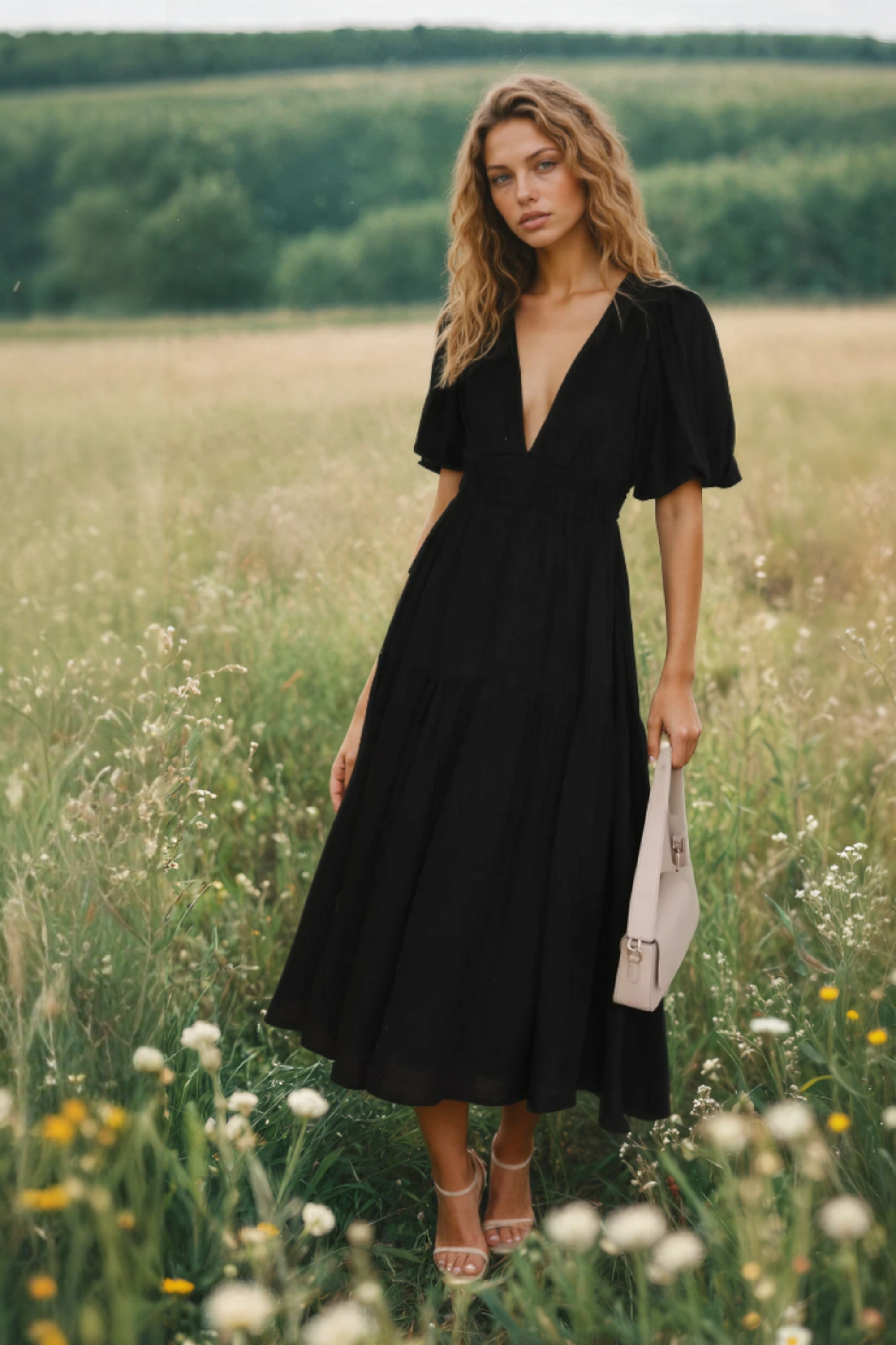 Women's Puff Sleeve Midi Dress for Elegant Everyday and Summer Styling