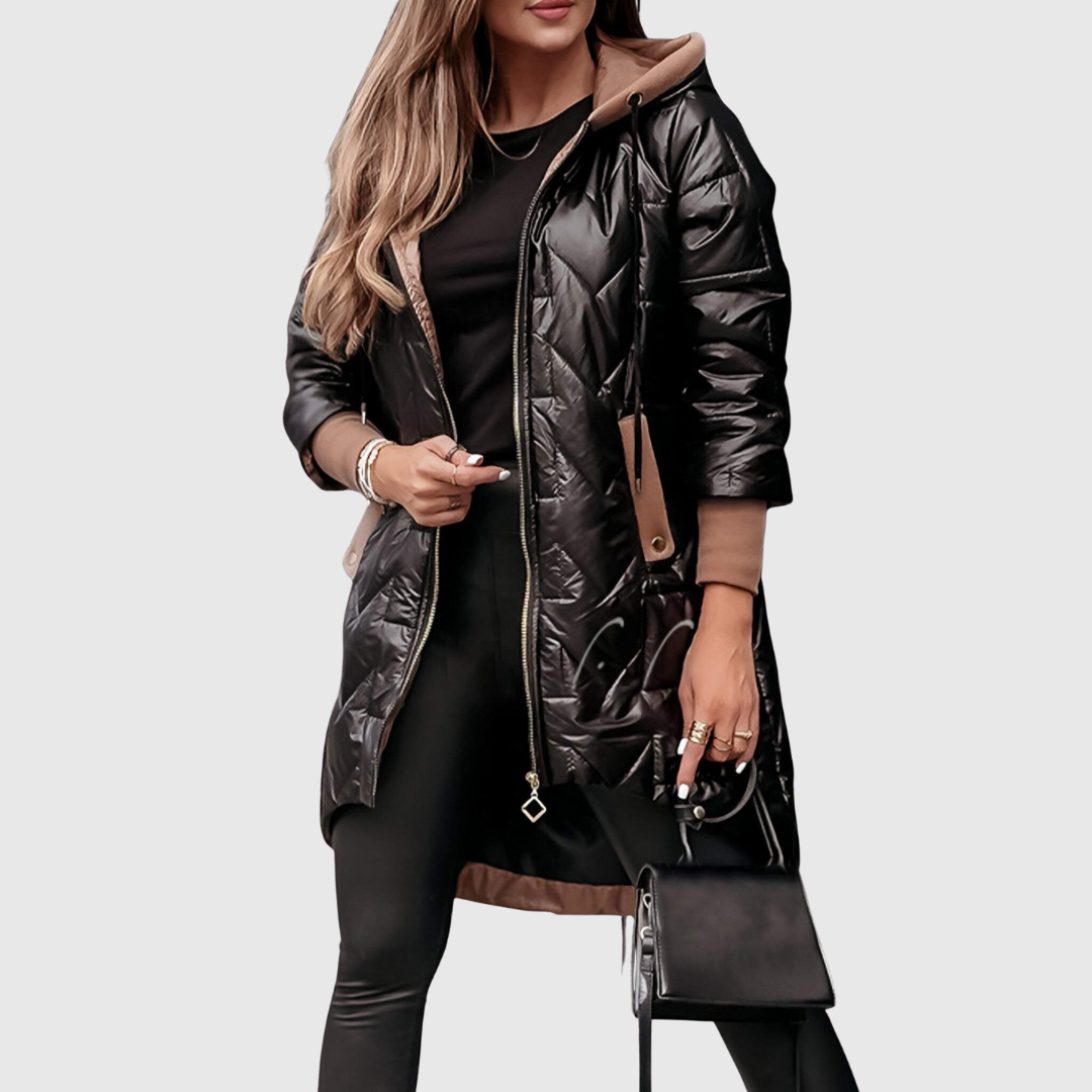 Damen-Steppjacke mit Kapuze, extra langem Schnitt und Daunenoptik