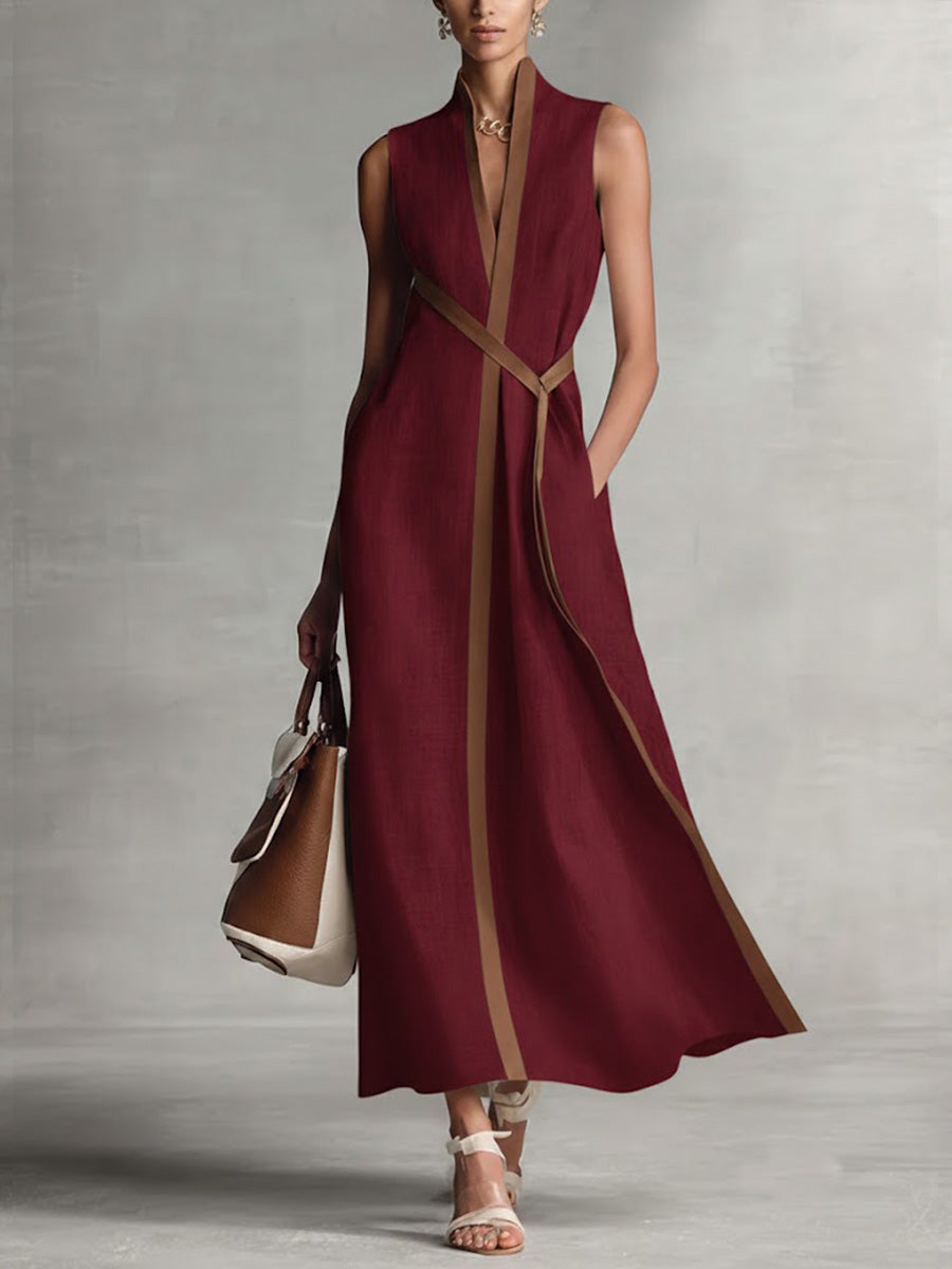 Robe maxi sans manches à col en V avec bordure contrastée et taille nouée pour femme