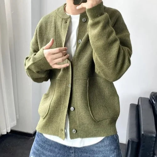 Herren Minimalistischer Rundhals Strick-Cardigan mit Knöpfen