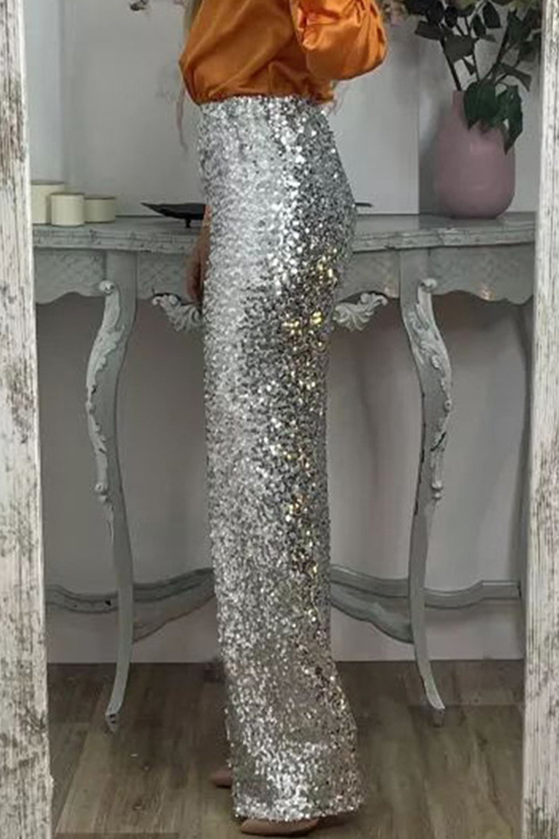 Damen-Pailletten-Partyrhose mit weitem Bein