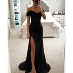 Damen-Abendkleid mit Pailletten, schulterfreiem Ausschnitt und drapierter Silhouette