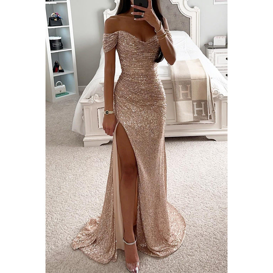 Damen-Abendkleid mit Pailletten, schulterfreiem Ausschnitt und drapierter Silhouette