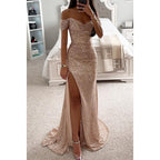 Damen-Abendkleid mit Pailletten, schulterfreiem Ausschnitt und drapierter Silhouette