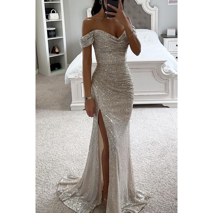 Damen-Abendkleid mit Pailletten, schulterfreiem Ausschnitt und drapierter Silhouette