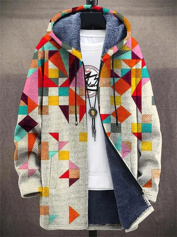 Giacca lunga da uomo con cappuccio e motivo geometrico