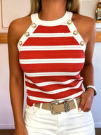 Women's Striped Halter Neck Sleeveless Knit Tank Top