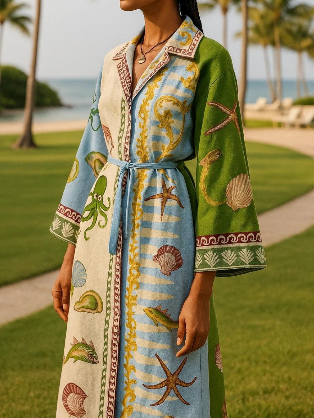 Damen Midikleid mit Ozean-Print, Taillengürtel und entspannter Passform