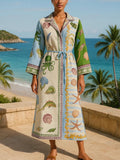 Damen Midikleid mit Ozean-Print, Taillengürtel und entspannter Passform