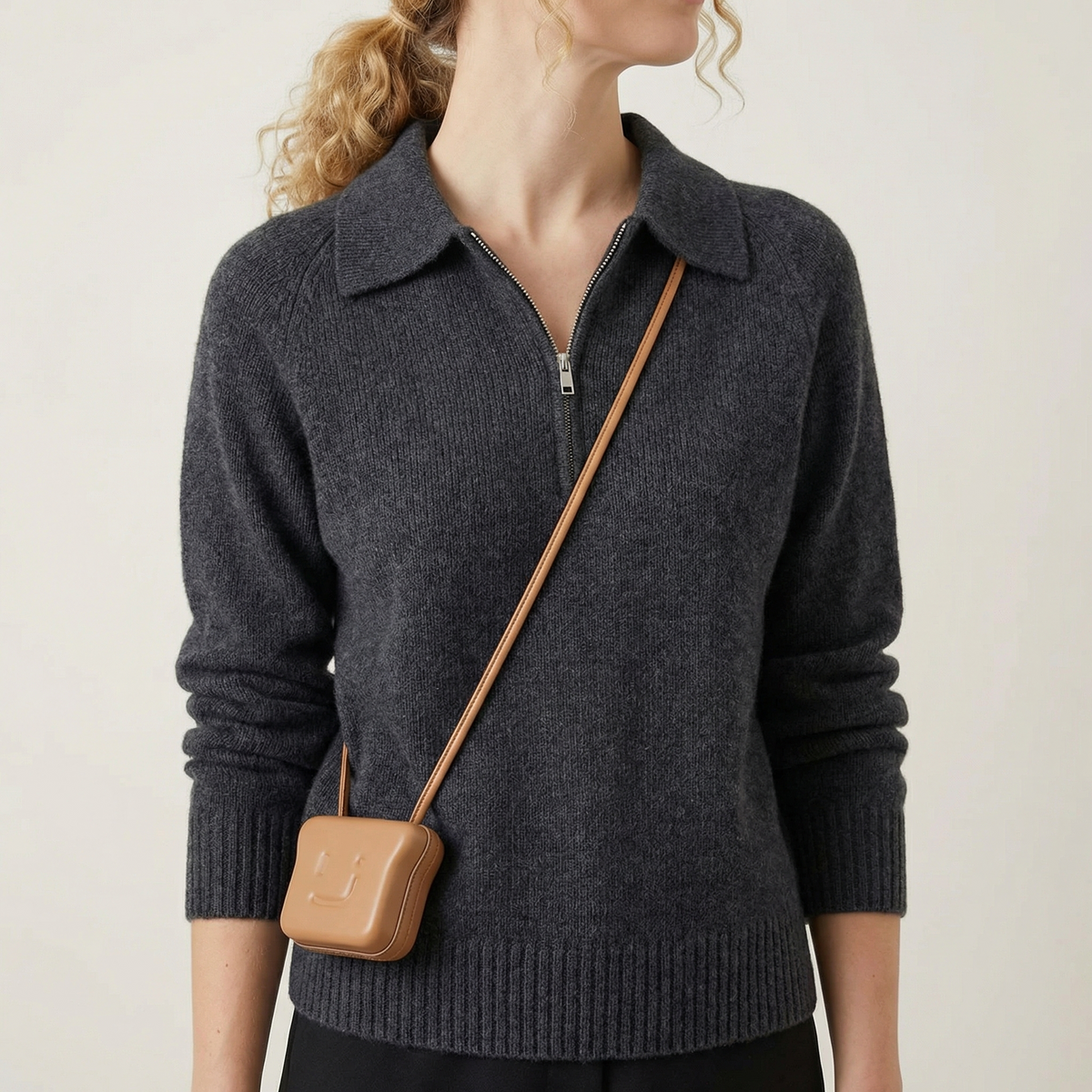 Pull en tricot pour femme à col et fermeture éclair quart de tour