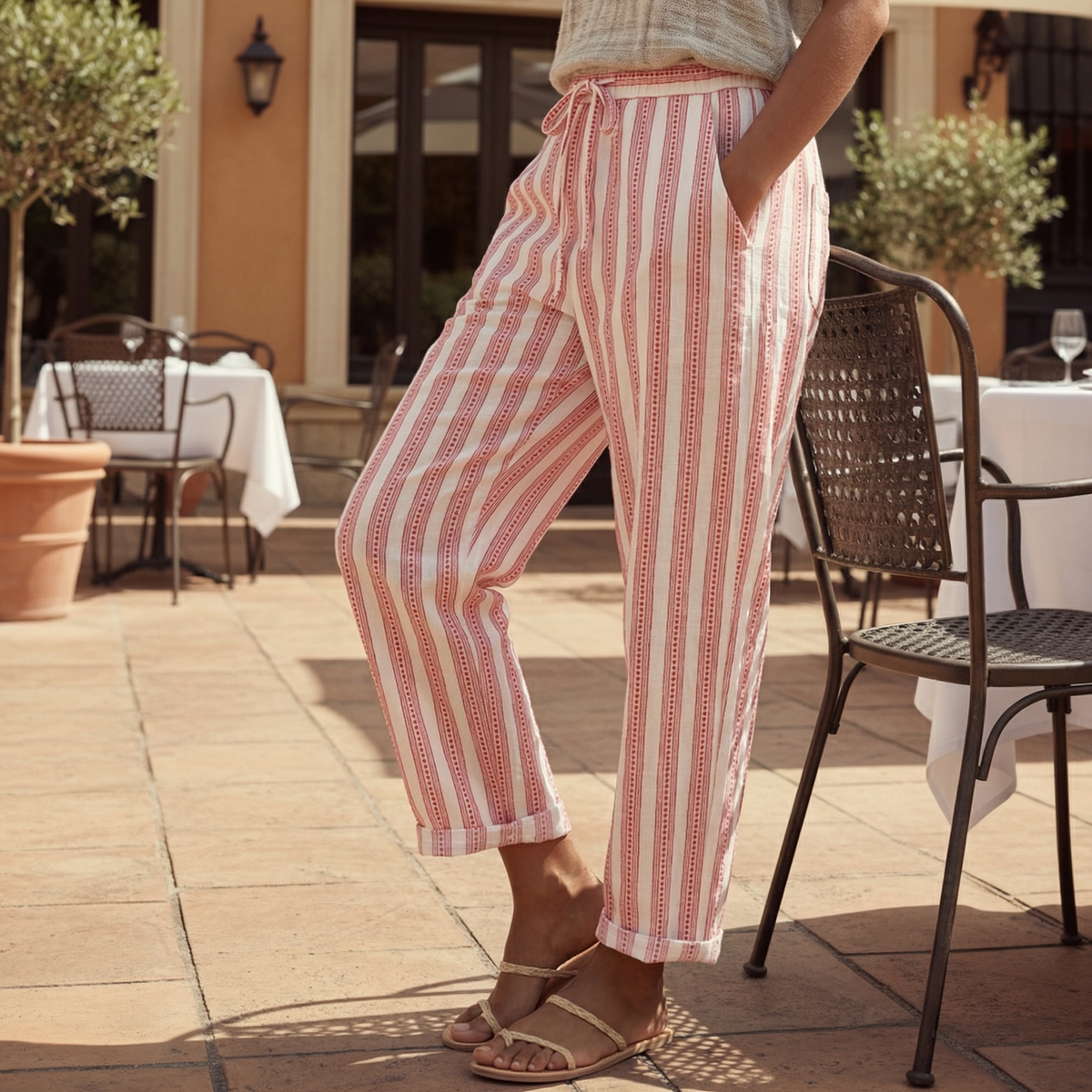 Pantalon décontracté rayé pour femme avec cordon de serrage