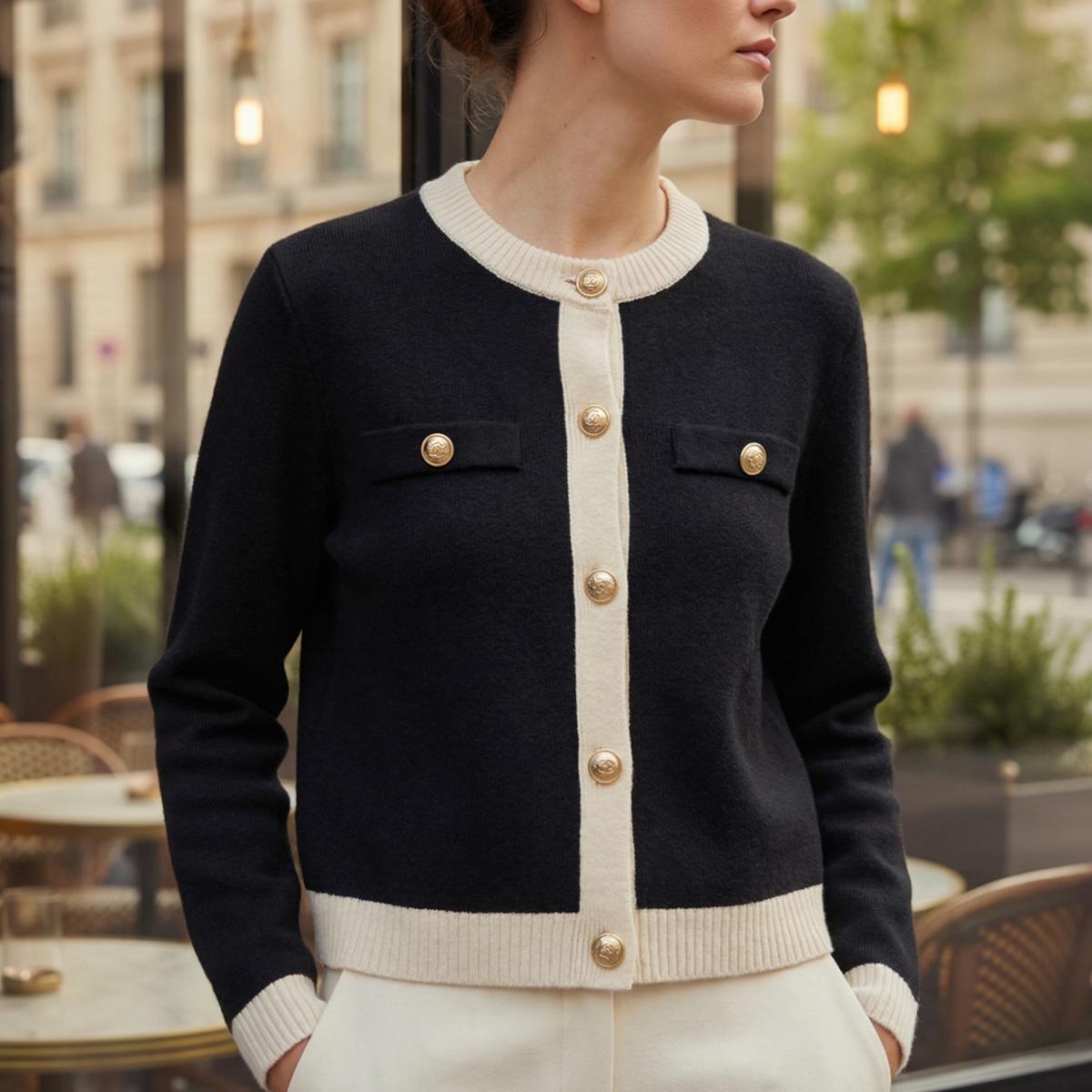 Cardigan boutonné pour femme à bordures contrastantes
