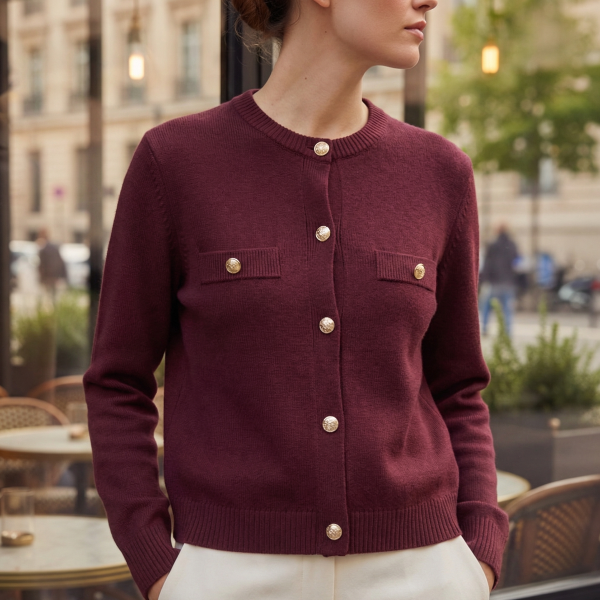 Cardigan boutonné pour femme à bordures contrastantes