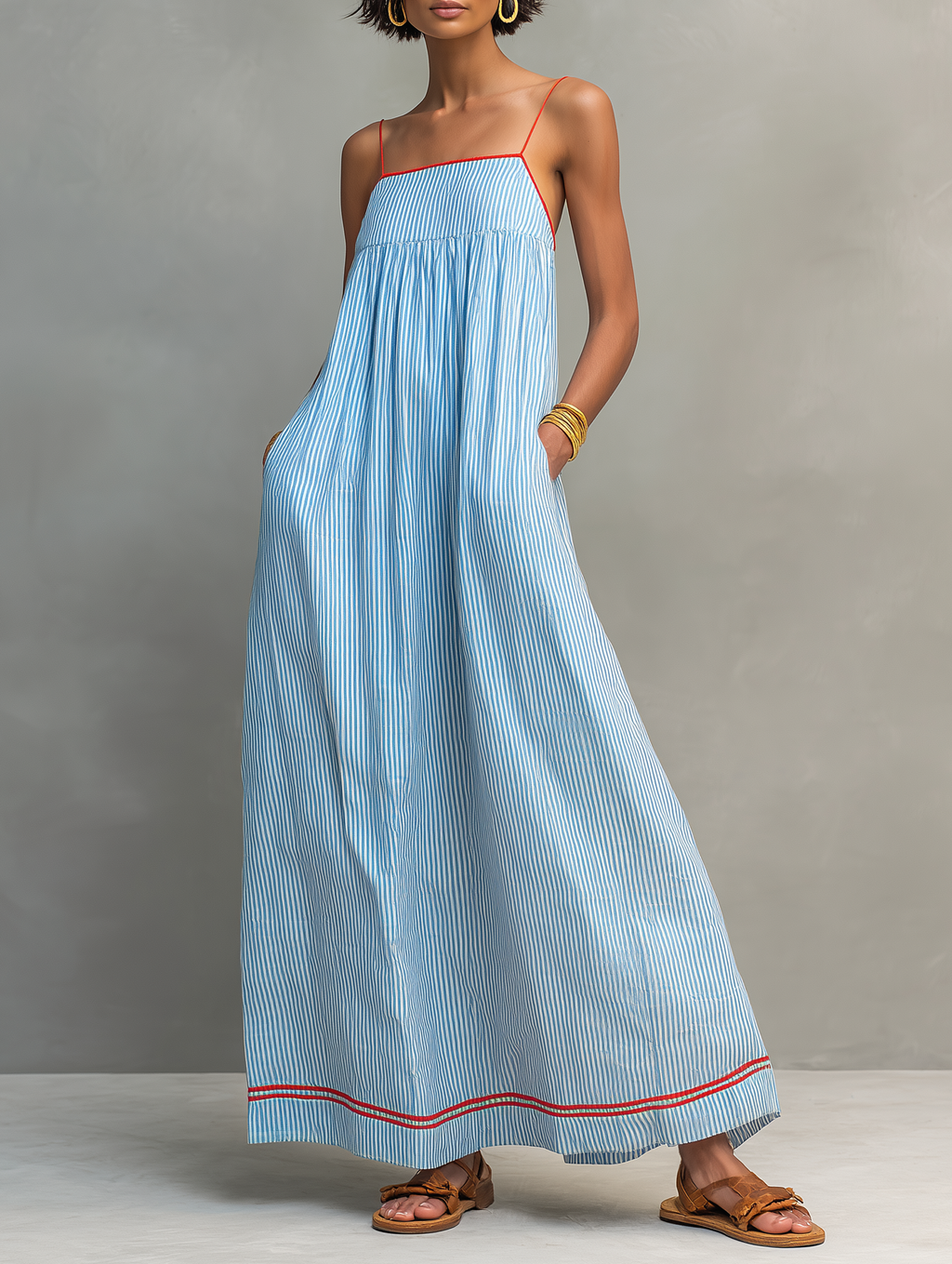 Maxikleid für Damen mit gestreiften Spaghettiträgern