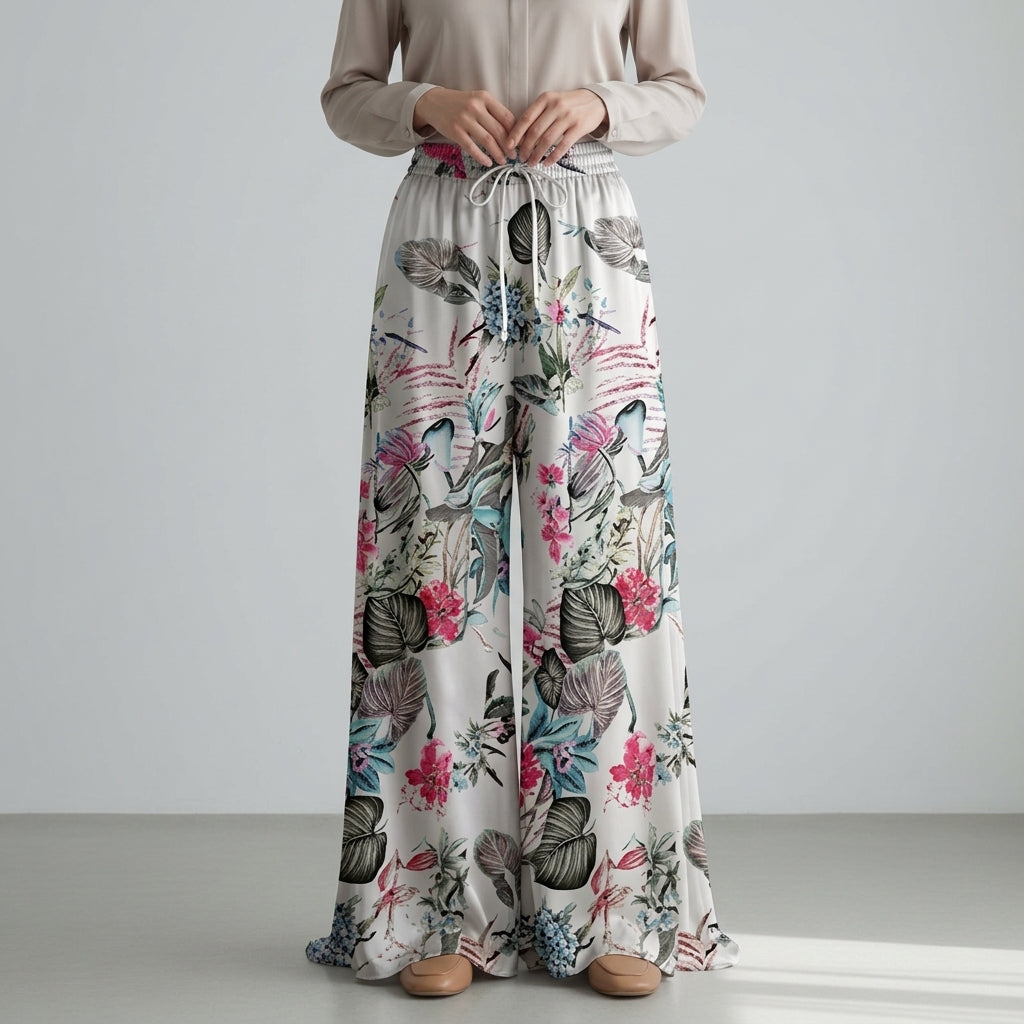 Pantalon large à motifs botaniques pour femme