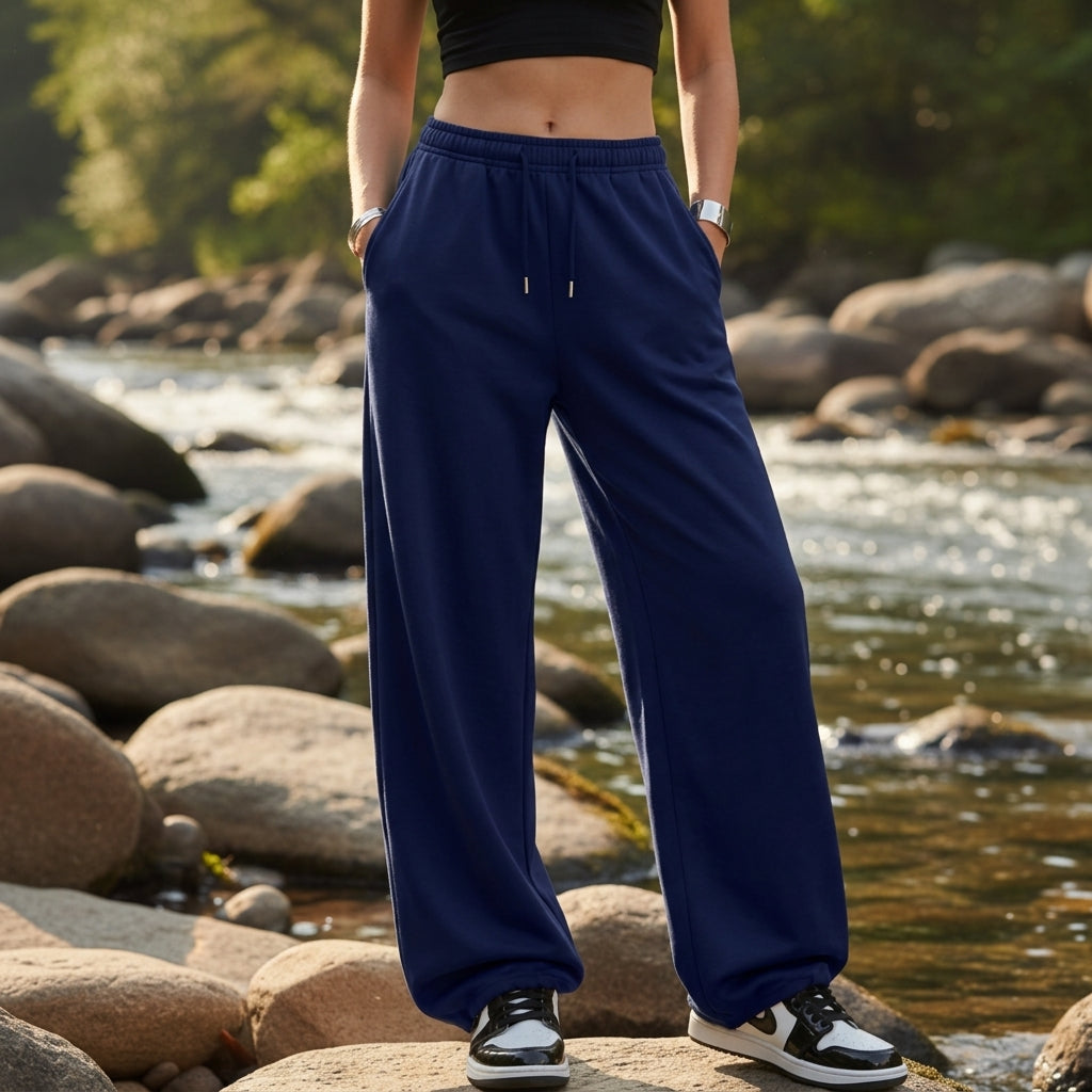 Pantalon ample décontracté pour femme, à jambes larges et cordon de serrage
