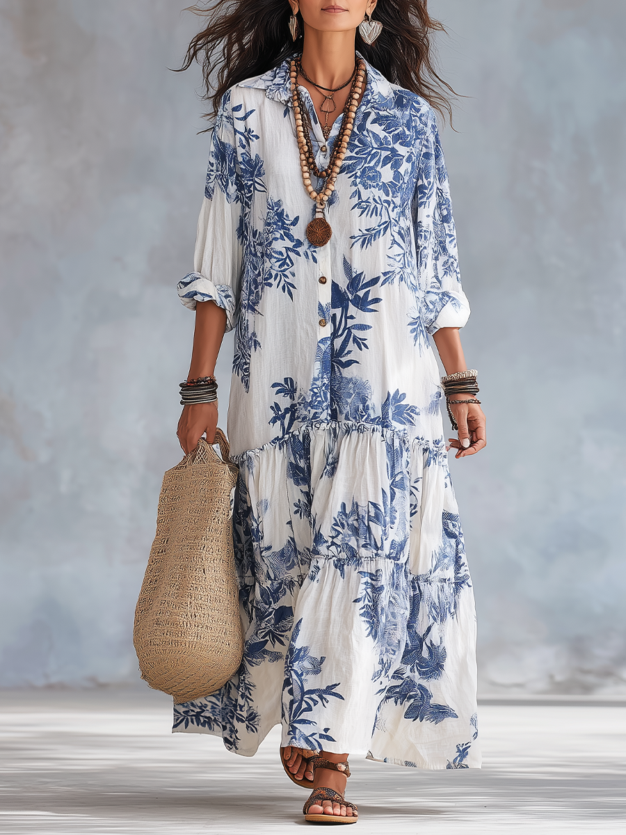 Women's Boho Floral Button Front Tiered Maxi Shirt Dress