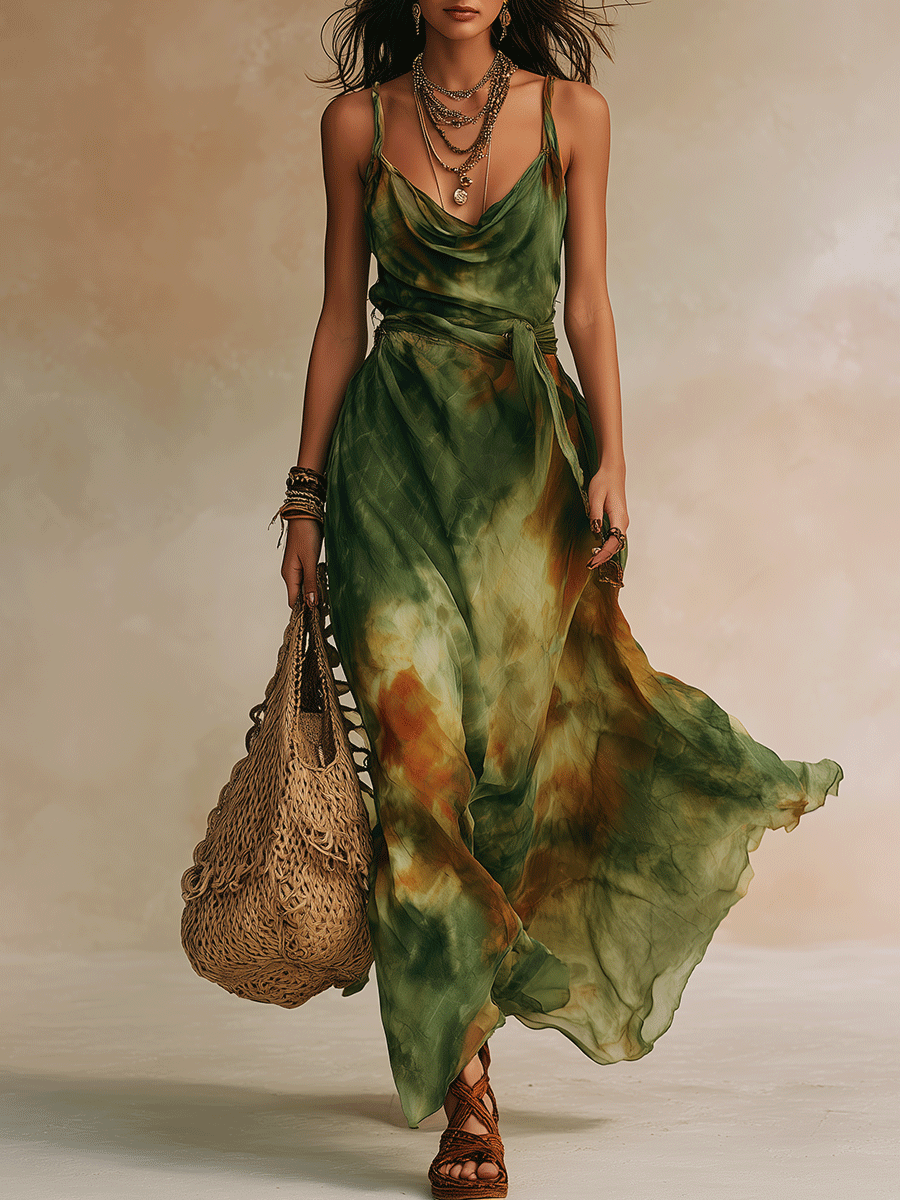 Women's Tie Waist Cowl Neck Maxi Dress