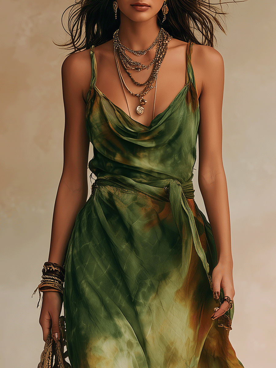 Women's Tie Waist Cowl Neck Maxi Dress