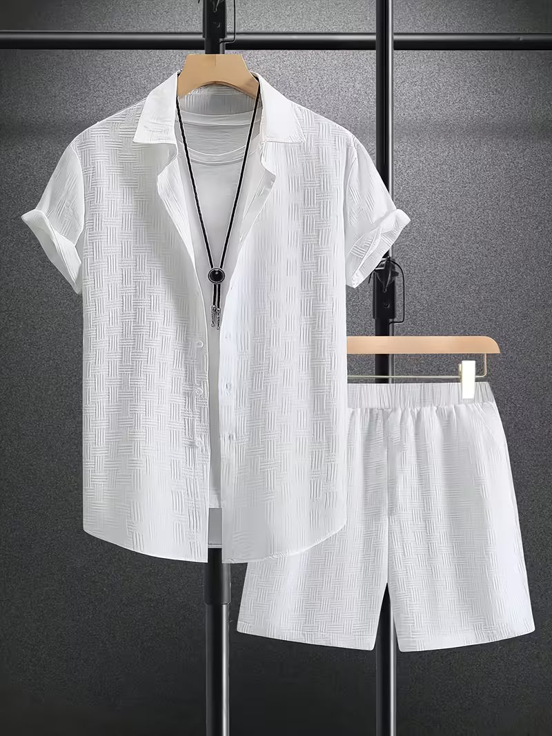 Men's Textured Button Front Shirt and Shorts Matching Set