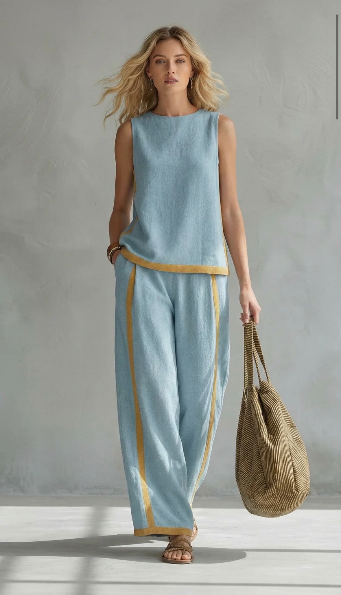 Ensemble pour femme composé d’un haut sans manches à bordure contrastée et d’un pantalon à jambes larges  