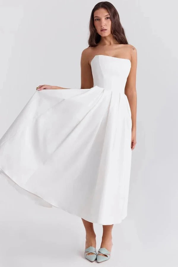 Women's Strapless Midi Dress with Corset Bodice and Pleated Skirt Design