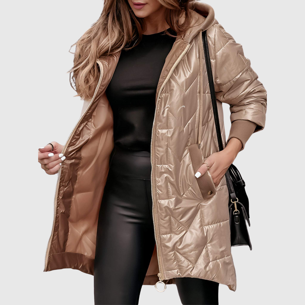 Damen-Steppjacke mit Kapuze, extra langem Schnitt und Daunenoptik