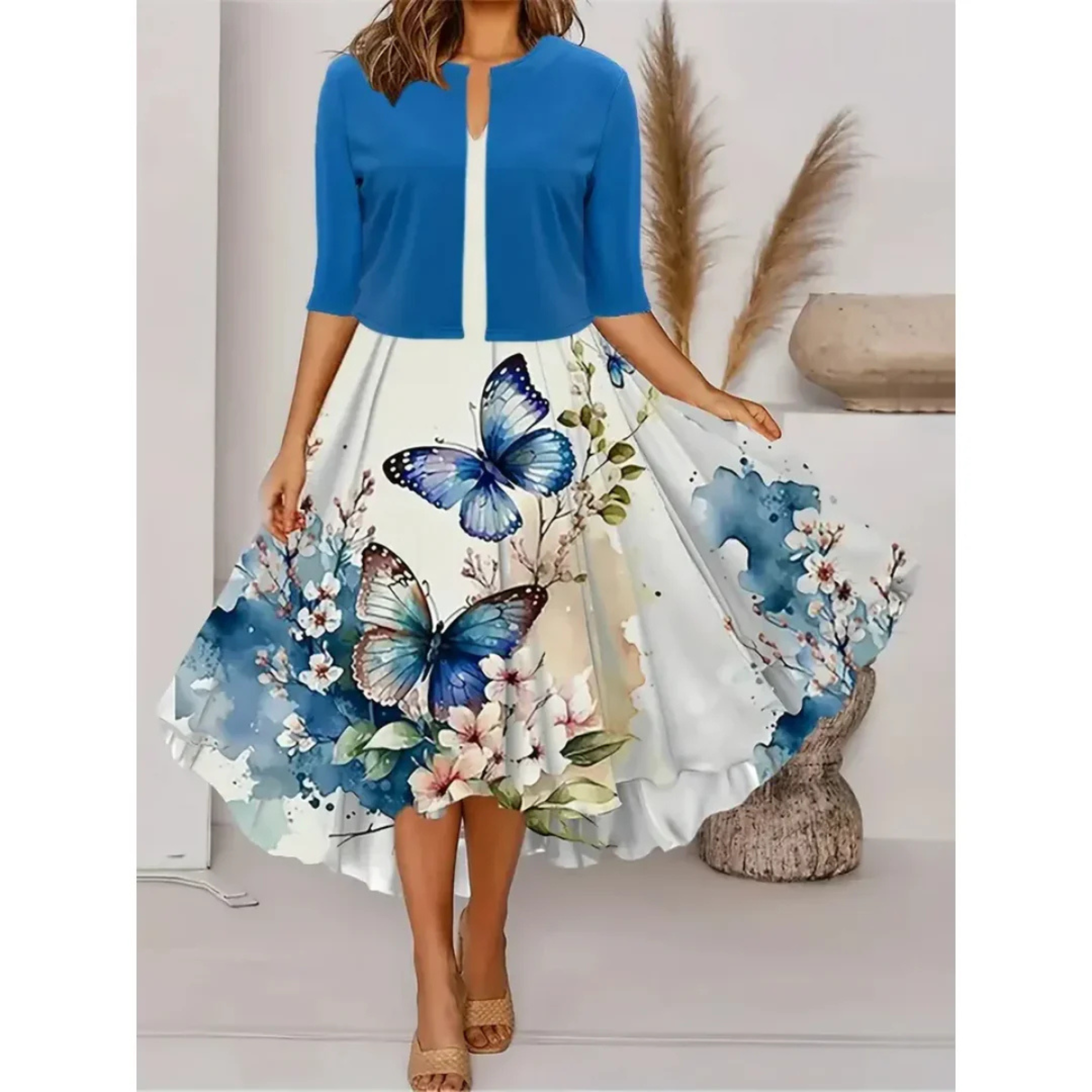 Women's Midi Dress with Floral Patchwork Skirt and Structured Top Design